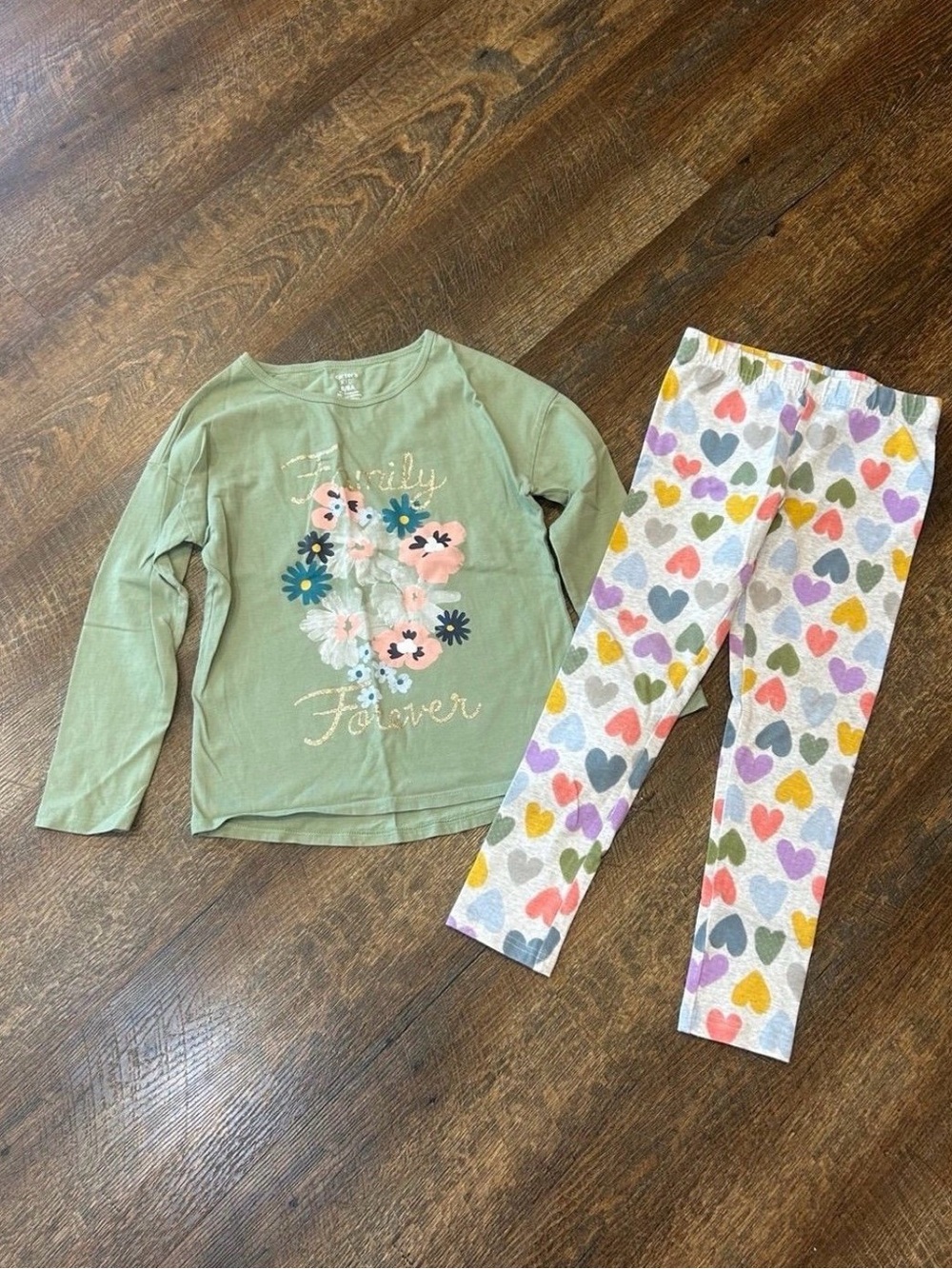 Carter's Sage Green Floral Top with Multicolor Heart Leggings Set